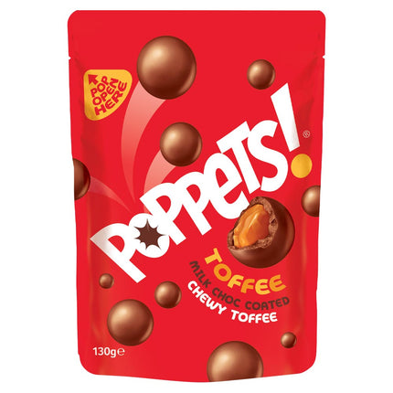 Poppets Milk Chocolate Coated Chewy Toffee Pouch 130g (Case of 9)