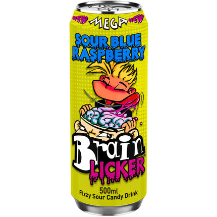 Brain Licker Sour Fizzy Candy Drink Blue Raspberry 500ml Can (Case of 12)